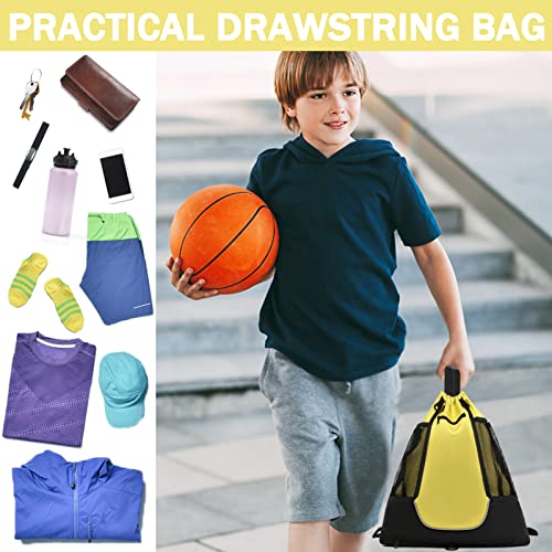 STAY GENT Drawstring Basketball Backpack for Boys, Foldable Soccer Backpack Gym Bag Sackpack Sports Sack with Detachable Ball Mesh Bag for Volleyball Baseball Yoga - color: Yellow
