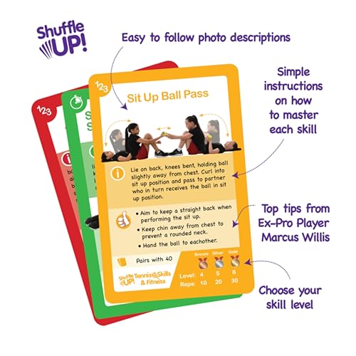 Shuffle Up Tennis Card Games - 70+ Fun & Active Skills Cards for Kids, Fitness Card Develop Fundamentals, Stamina & Strength, Easy to Play for Kids | Multiple Skill Level Cards Include 2 Dices - style: Tennis Card Games
