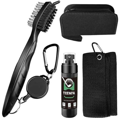 Golf Club Brush and Club Groove Cleaner with Retractable Zip-line - Premium Golf Towel (15 * 14inch) & Empty Water Bottle & Storage Bag - Golf Towel and Brush Set - Essentials Golf Accessories for Men