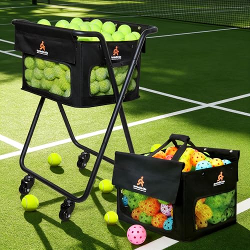 Tennis & Pickleball Cart - 140 Ball Capacity Hopper with Quick-Detach Bag, 4 Smooth Swivel Wheels & Foldable Frame for Easy Court Transport and Compact Storage