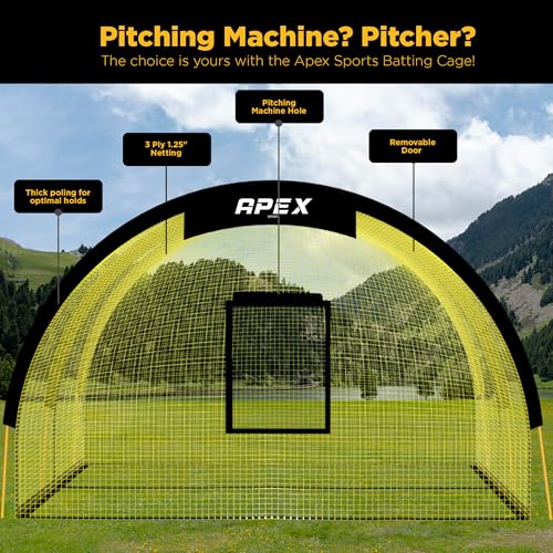 Apex Sports Portable 22ft x 12ft x 8ft Baseball & Softball Batting Cage with Pitching Machine Hole, 3ply 1.25'' Yellow Netting, Secure Steel Poles, 12.7MM Fibreglass Poles, Carry Bag Included