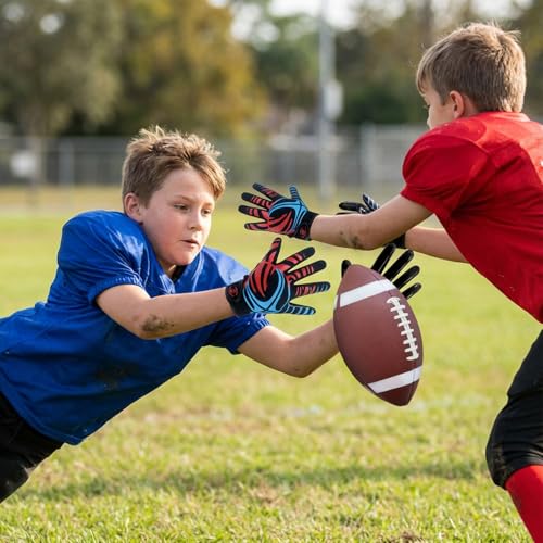Youth Football Gloves -Sticky Football Receiver Gloves with Tacky Silicone Palm for Kids Girls Boys Flag Football Practice Games,Stretch Fit Quick-Dry Excellent Grip Football Receiving Gloves