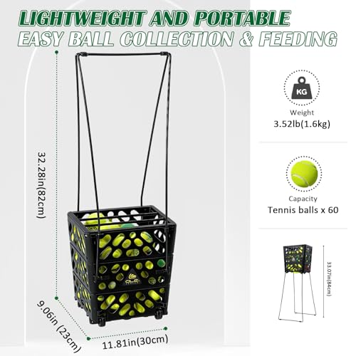 Tennis Ball Hopper with Wheels, 60-Ball Rolling Tennis Basket with 4 Wheels, Lightweight Portable Ball Collector for Tennis Practice, Coaching Drills, Court Training