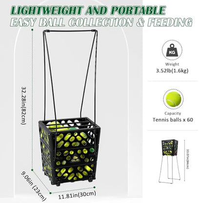 Tennis Ball Hopper with Wheels, 60-Ball Rolling Tennis Basket with 4 Wheels, Lightweight Portable Ball Collector for Tennis Practice, Coaching Drills, Court Training
