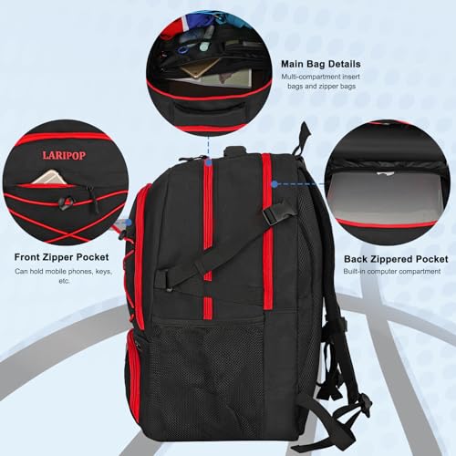 LARIPOP Basketball Backpack Large Basketball Bag with Ball Holder & Shoe Compartment for Youth Adults Men Women - color: Red