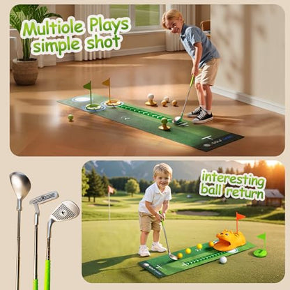 TOMMYHOME Putting Green Indoor with Toddlers Golf Clubs，Party Game with Automatic Golf Bounce Back Machine,Outdoor Training mats,Light up Balls,Gifts for 3 Year Old boy&Girl