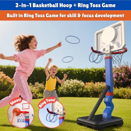 Toddler Basketball Hoop with Ring Toss, Height Adjustable Indoor & Poolside Outdoor Kids Basketball Hoop Set with Mini Balls, Rings, Pump, & Stable Base Game Sport Toys for Boys & Girls Age 1-5
