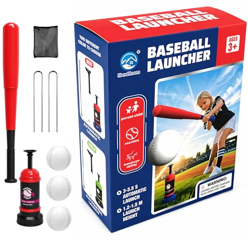 Pop Up Baseball Trainer Set for Kids, Backyard Fun, No Pitch Needed, Beginner Batting Practice Toy with Launcher, Bat, Balls & Carry Bag (Red) - color: Red