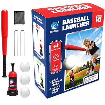 Pop Up Baseball Trainer Set for Kids, Backyard Fun, No Pitch Needed, Beginner Batting Practice Toy with Launcher, Bat, Balls & Carry Bag (Red) - color: Red