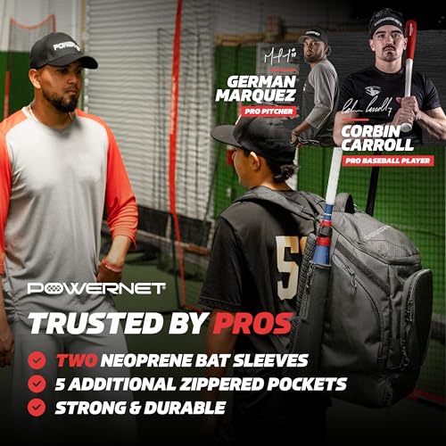 PowerNet Surge Softball Baseball Bag, Dual Bat & Gear Travel Backpack, Baseball Equipment Bat Bag, Baseball Softball Backpack with Dugout Fence Hooks & Cleat Pocket