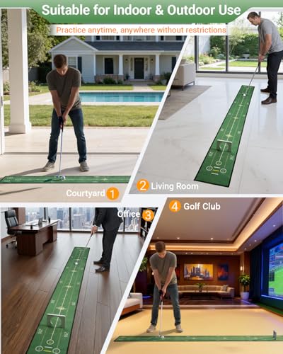Putting Game,Golf Putting Mat with Three-Track,Indoor Green Putting Game Set, Anti-Slip Backing Golf Putting Green Include 1 Club, 2 Balls, 1 Gate, 1 Portable Storage Box for Indoor/Outdoor