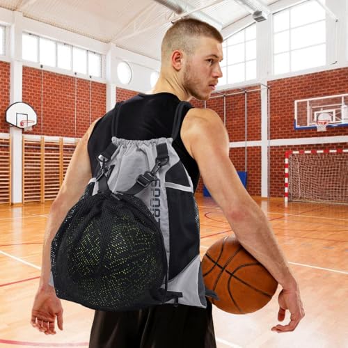MiOYOOW Sports Drawstring Backpack, Waterproof Basketball Bag Large Gym Mesh Pockets for Outside Swimming Travel Beach