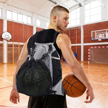 MiOYOOW Sports Drawstring Backpack, Waterproof Basketball Bag Large Gym Mesh Pockets for Outside Swimming Travel Beach