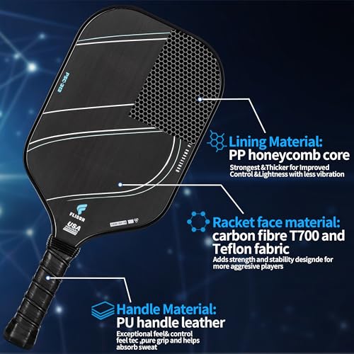 Pickleball Racquet T700 Raw Carbon Fiber Surface (CFS) Thermoformed Pickleball Paddles for high grit and Spin, USAPA approved16mm PP Honeycomb core with Pickleball Racket Cover (Thermoplastic Black)