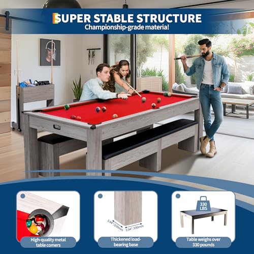 Garvee 7FT 3-in-1 Pool Table with Dining Top & Table Tennis, Multi Game Billiard Table Set with HDF Wood Grain Finish, Includes Cues, Balls, Ping Pong Paddles and Rolling Storage Caddy - color: Black