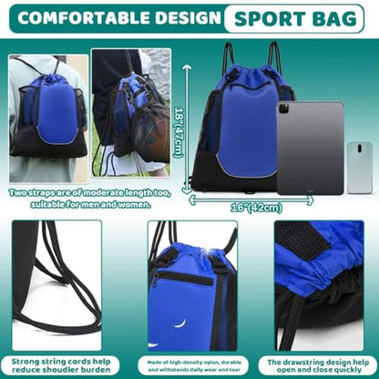 STAY GENT Drawstring Basketball Backpack for Boys, Foldable Soccer Backpack Gym Bag Sackpack Sports Sack with Detachable Ball Mesh Bag for Volleyball Baseball Yoga - color: Blue