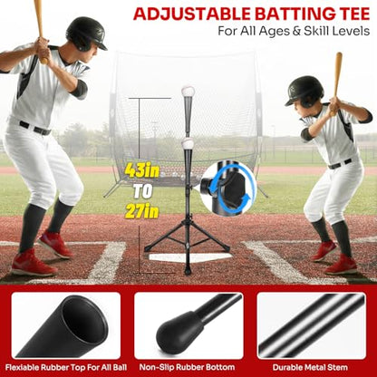 7×7FT Baseball Net with Batting Tee & Ball Caddy Holds 100+ Balls, Height Adjustable 27"-43" for All Players,Baseball & Softball Training Set for Hitting,Pitching,Included Carry Bag, 4 Ground Stakes