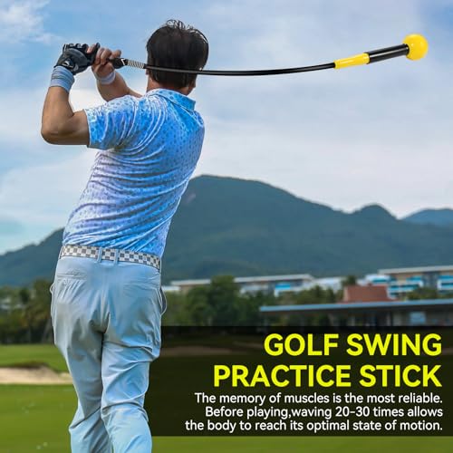 MIKOSI Golf Grip Trainer, Golf Swing Trainer Aid Warm-Up Stick for Strength Grip Tempo & Flexibility Training, Right-Handed Golf Training Aid with Arm Band for Practice Chipping Hitting (Yellow)