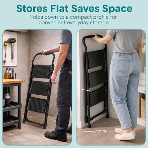 SereneLife 3-Step Ladder, Folding Step Stool for Adults, Wide Anti-Slip Pedal and Handrail, Sturdy Steel Build, 570 lbs Capacity, Portable Step Stool Ladder for Home and Office Use (Black) - size: 3 Step