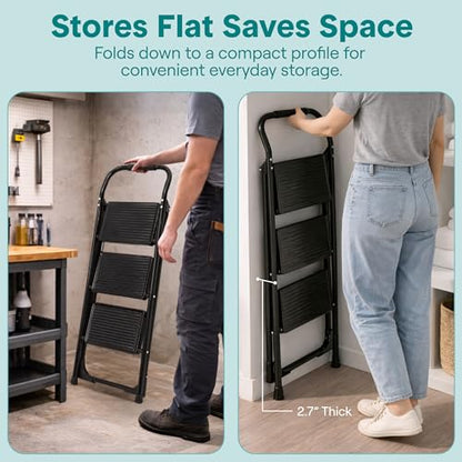 SereneLife 3-Step Ladder, Folding Step Stool for Adults, Wide Anti-Slip Pedal and Handrail, Sturdy Steel Build, 570 lbs Capacity, Portable Step Stool Ladder for Home and Office Use (Black) - size: 3 Step