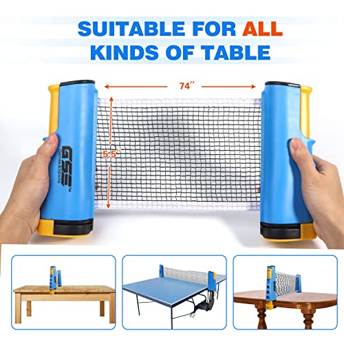 GSE Games & Sports Expert Adjustable Retractable Ping Pong Net Set & Post. Professional Table Tennis Rackets and Balls, Net with Posts and Storage Bag - Pingpong Paddle and Game Table Accessories. | Adjustable - color: Table Tennis Set-Blue