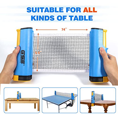 GSE Games & Sports Expert Adjustable Retractable Ping Pong Net Set & Post. Professional Table Tennis Rackets and Balls, Net with Posts and Storage Bag - Pingpong Paddle and Game Table Accessories. | Adjustable - color: Table Tennis Set-Blue
