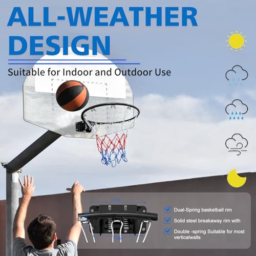Solid Basketball Rim, Athfiner 18" Basketball Hoop Replacement Wall Mounted Outdoor Indoor Hanging Double Spring with All Weather Net