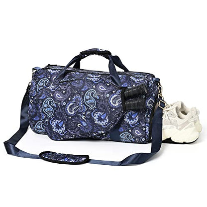 Boulder Bee Pickleball Bags, Premium Pickleball Tote Bag for Girls, Women’s Hand/Shoulder Gym Bag w Water Bottle Holder, with Pickleball Racquet/Paddle Holder - color: Duffel Bag-Blue cashew flower