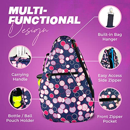 Womens Tennis Backpack - Taboo Fashions Ladies Tennis Bag Holds Two Racquets, Padded Straps and Side Carry Handle - color: Navy Blue, Pink, Purple, White, Polka Dots