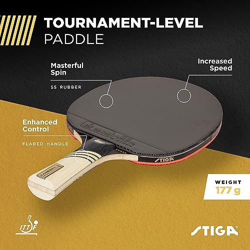 STIGA Carbon+ Bundle Ping Pong Paddle Set – 7-ply Extra Light Carbon Fiber Blade – 2mm Premium Sponge – Concave Pro Handle – 2 3-Star Tournament Balls – Neoprene Racket Cover – Player Wristband - color: Red Cover