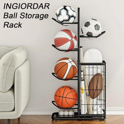 INGIORDAR Ball Storage Basketball Rack Organizer Sports Equipment Garage Stand 6 Tier for Football Volleyball Soccer Indoor Outdoor, Black