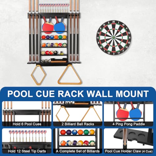 Pool Stick Holder Wall Mount, Pool Cue Rack, Ping Pong Paddle Holder, Dart Holder 3-IN-1,100% Solid Wood Billiard Cue Racks,12 Steel/Soft Tip Darts and Table Tennis Accessories for Man Cave - style: 3-IN-1