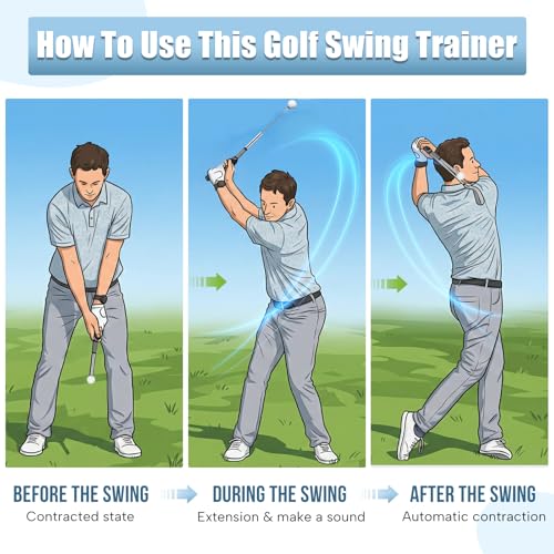 Montela Retractable Golf Swing Trainer, Right-Handed Training Aid with Grip Trainer and Arm Band for Swing Tempo & Chipping, Indoor Outdoor Practice for Beginners