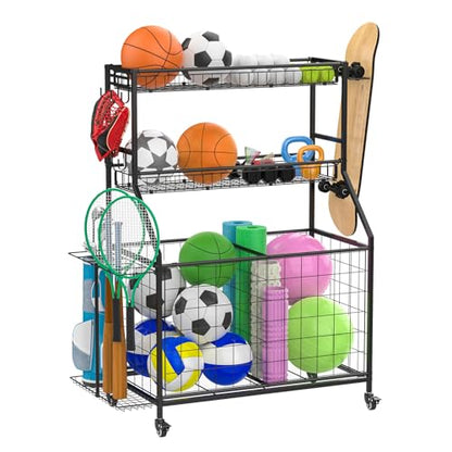 Sports Equipment Organizer, Garage Ball Storage Rack with Removable Baskets, Hooks & Bat Rack, Rolling Sports Gear Storage Cart with Lockable Wheels for Garage, Toys, Gym, School