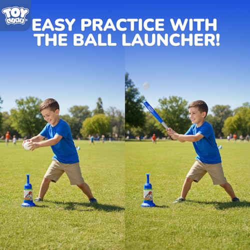 TOY Life Tball Set for Kids 3-5 & 5-8 - Toddler Baseball Tee and Bat Set with Ball Launcher & 6 Balls - Ideal Boy Toy Gift for Outdoor Play and Beginner Training - color: Blue