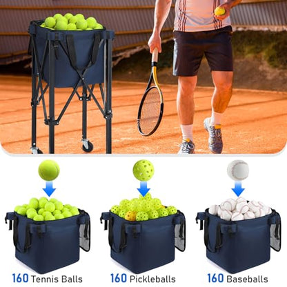 TOBWOLF Foldable Tennis Ball Hopper,Holds 160 Balls, Portable Tennis Ball Hopper with Wheels,Upgraded Large Capacity Pickleball Ball Holder for Baseball Softball Pickleball Training