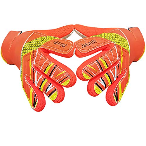 Jalunth Goalkeeper Goalie Soccer Gloves Kids Youth Goal Keeper Field Player Glove Boys Girls Embossed Anti-Slip Latex Palm Soft Pu Hand Back - color: Orange, size: Size 8 Suitable for 11-13 Years