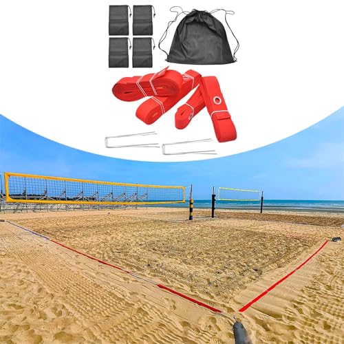 Beach Volleyball Court Boundary Lines Kit Portable with Metal Anchors 52.5 ft and 26.2 ft Line - color: Red