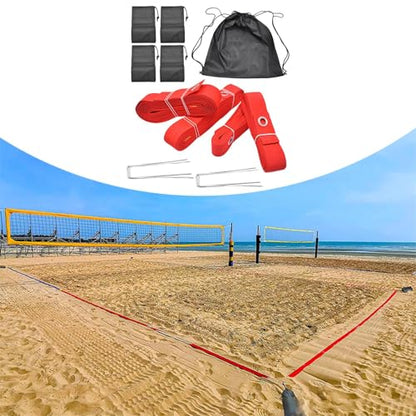 Sand Volleyball Boundary Lines Kit 16M and 8M Webbing Strap Accessory with Sand Bags - color: Red