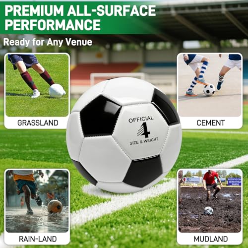 4 Pack Soccer Balls Size 5/4/3 Bulk with Pump, Carry Net, Needles - Pelota De Futbol Official Size Training Practice & Match Ball - Ideal Soccer & Birthday Gift - color: Black-White, size: Size 4