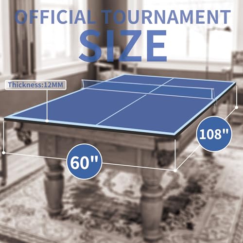 9 FT Medium-Sized Foldable Table Tennis Table for Pool Tables, Indoor/Outdoor Table Tennis Conversion Top, with Net and Quality Foam Padding, Lightweight and Portable - Blue