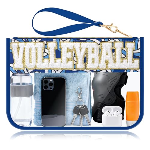 BuyCard Volleyball Gifts Makeup Bag with Chenille Letter Patch, Clear Cosmetic Pouch PVC Organizer Purse, Waterproof Travel Bag, Portable Toiletry Storage Bag for Her Friends