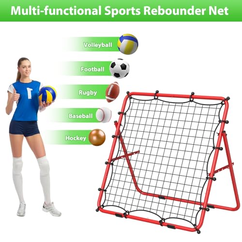 Baseball Rebounder Net, Metal Frame & High-Tension PE Net, Lacrosse Bounce Back PracticeTraining Equipment, Adjustable Softball Pitchback Net, Perfect for Improving Balls Training Skills - color: Red