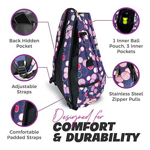 Womens Tennis Backpack - Taboo Fashions Ladies Tennis Bag Holds Two Racquets, Padded Straps and Side Carry Handle - color: Navy Blue, Pink, Purple, White, Polka Dots