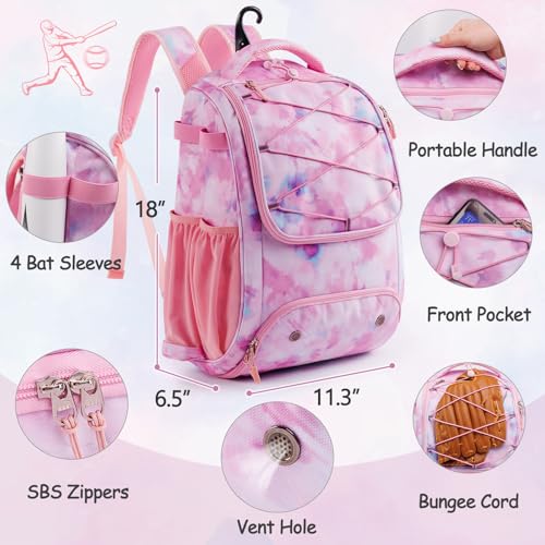 Youth Baseball Bag Backpack with Bat Holder for Boys Girls Baseball & Softball Bat Bag for T-Ball Equipment, Kids Baseball Backpack with Shoe Compartment & Glove Storage - color: Pink
