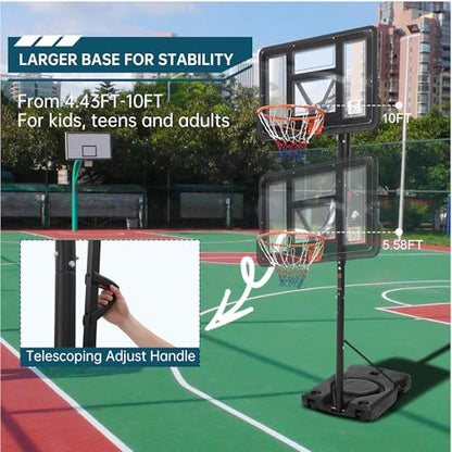 Basketball Hoop Outdoor 10FT Height Adjustable, Portable Basketball Goals & Hoops with PC Backboard and Large Water/Sand Base, Indoor Outdoor Basketball Hoop for Kids Youth Adults Backyard Driveway - style: Handle Position Adjustment Lift