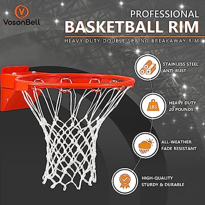 Basketball Rim Replacement, Heavy Duty Breakaway Rim and Net, Universal 18" Professional Double-Spring Solid Steel Backboard Rims Fits In-Ground and Wall-Mounted Basketball Hoops Indoor Outdoor