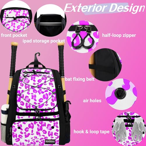 Youth Softball Equipment Bag with Vented Shoe Compartment, Baseball Bat Bag, Fence Hook, for Batting Mitten, Helmet, Teeball Gear, Adult Boys Girls Kids - color: Pink Leopard