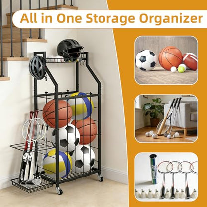 hanmir Ball Storage Rack for Garage, Rolling Sports Ball Organizer with Wheels, Baskets and Hooks, Sports Equipment Storage for Basketball Soccer Football, Garage Organizer (Black)