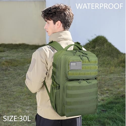 Wotony Military Tactical Backpack for Men Waterproof Daypack 3 Day Assault Pack Molle Bag with Water Bottle Holder - color: Military Green, size: 30L
